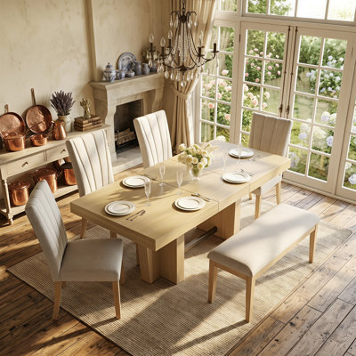 Extendable Solid Wood Dining Table Set for 6 with Upholstered Chairs and Bench, Farmhouse Style Expandable Kitchen Table for Dining Room