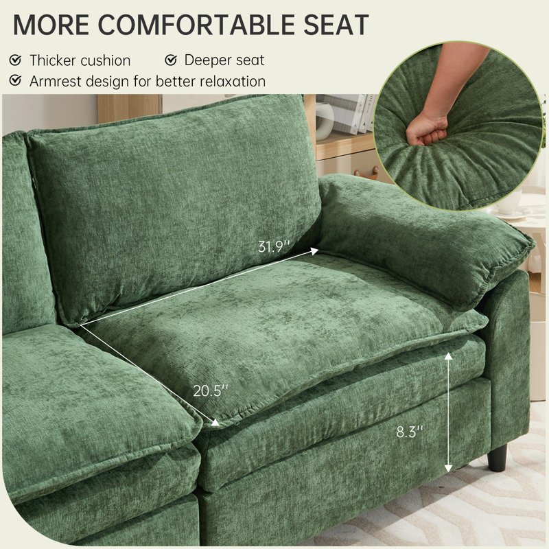 Canapé 113,58 po en chenille rembourré, confortable avec nuage et repose-pieds, Vert