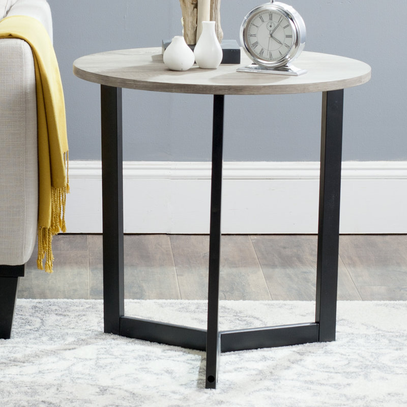 Leonard Round Oak and Black Metal End Table