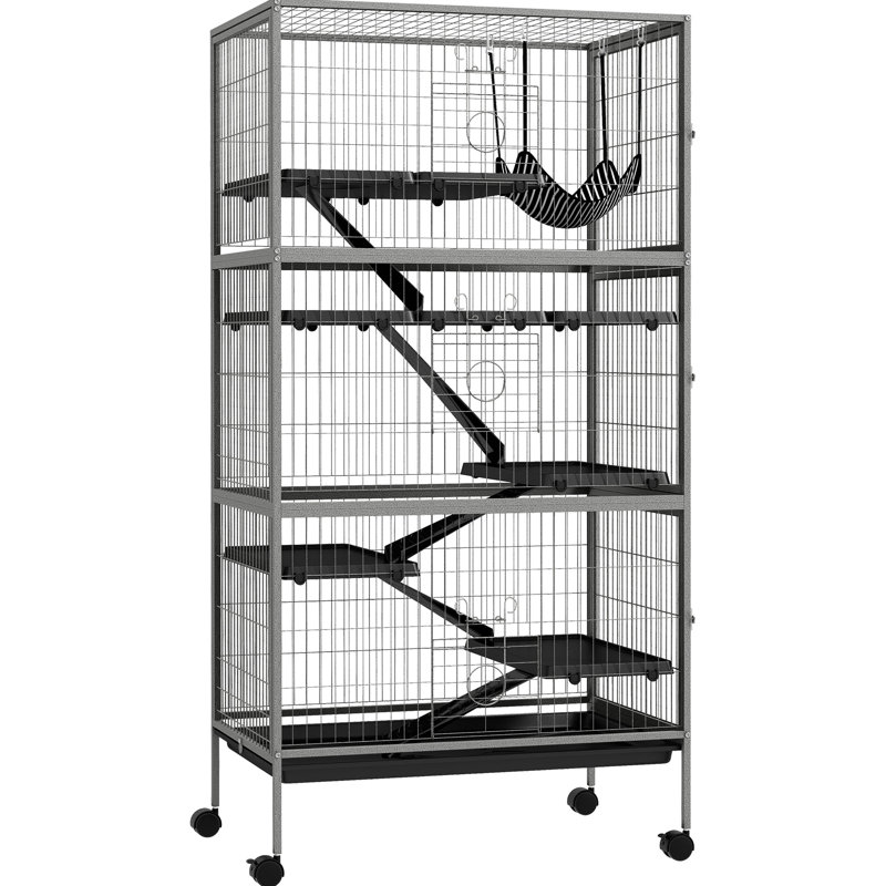 Cage de protection 62,6 po 6 petits animaux - furet et chinchilla avec, 6 portes, récipient de solution amovible, gris 63 po pour l'utilisation, plateau souillé, fil d'acier robuste, roulant,