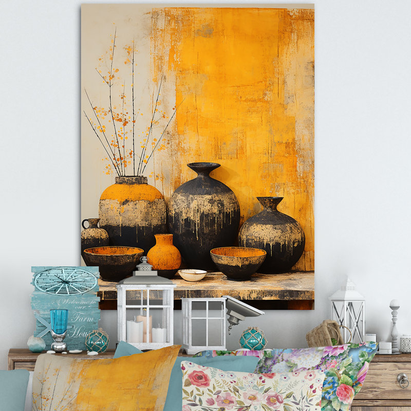 Artistique de la poterie jaune I - reproduction sur toile abstraite, Toile tendue, H 44 po x l 34 po x P 1,5 po