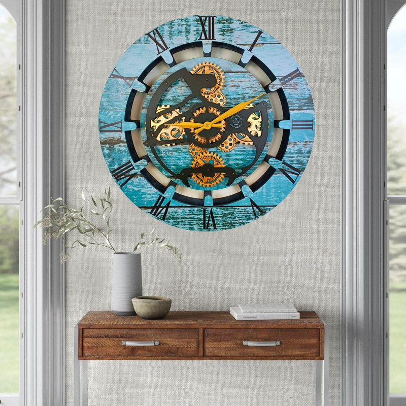 Wall Clock 24" Round Oversized for Living Room decor with Real Moving Gears Canada Collection, Aqua Green