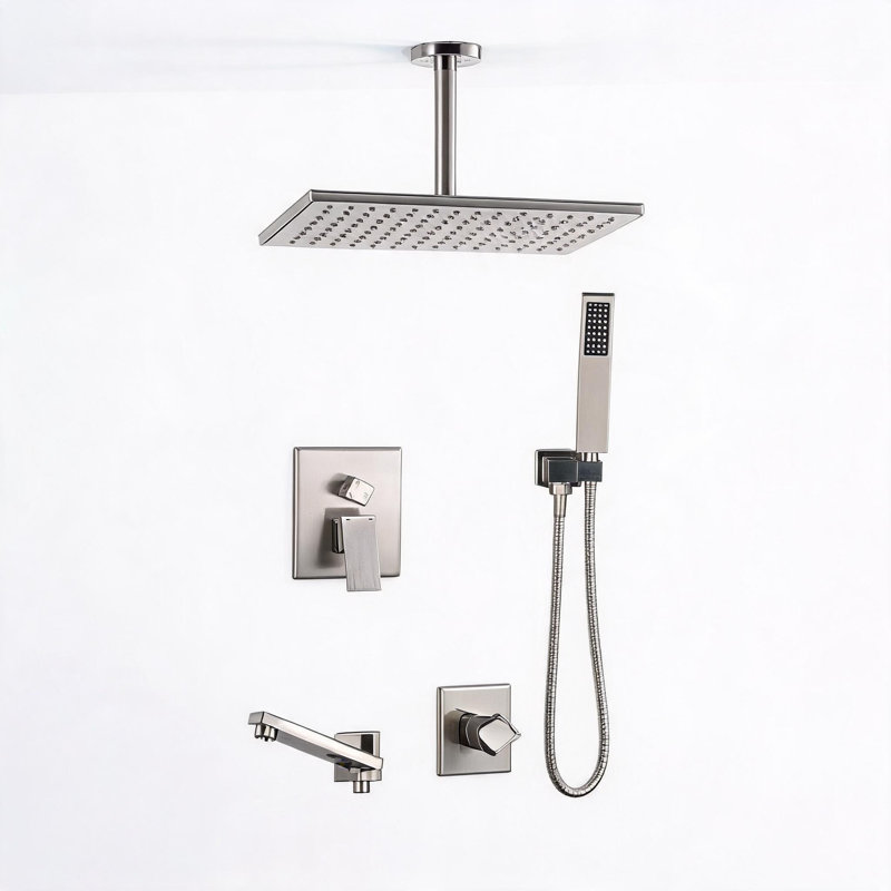 Ensemble de douche à fixation au plafond en nickel brossé 16 pouces avec pomme de douche à main