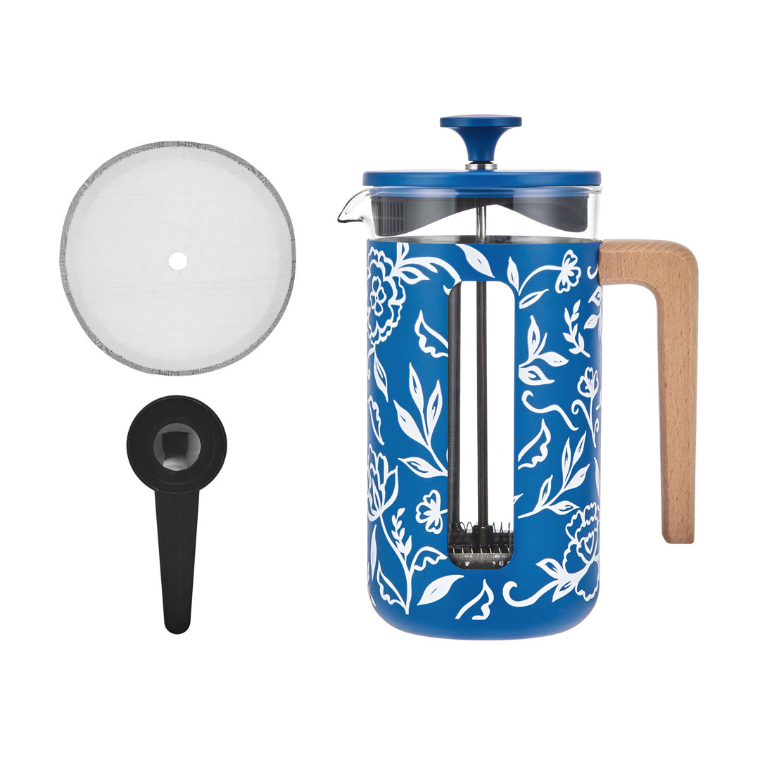 La Cafetière Pisa 8 Cup 1L Stainless Steel Cafetiere, Blu Fiorato Heat Retaining French Press with Wooden Handle and Comfortable Push Plunger