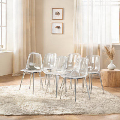 Ensemble de 6 chaises d'appoint transparentes sans accoudoirs pour la salle à manger, pieds en métal argenté doux, siège en plastique minimaliste moderne, 17,3 x 18,1 x 32,7 pouces