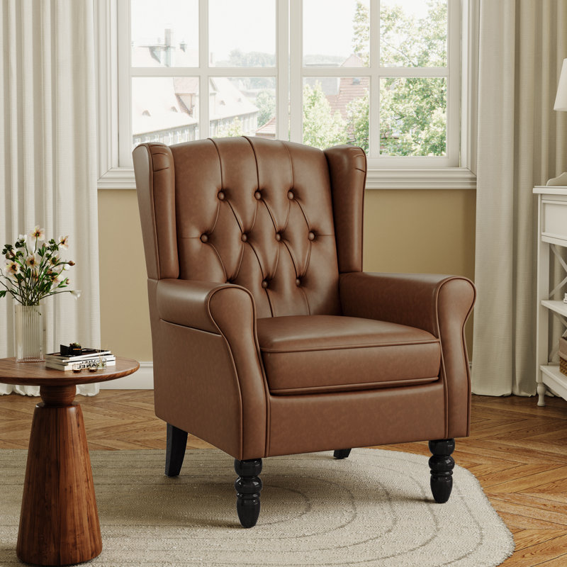 Duward Faux Leather Brown Button Tufted Wingback Accent Chair with Rolled Arm and Thick Padded Cushion, Brown Faux Leather