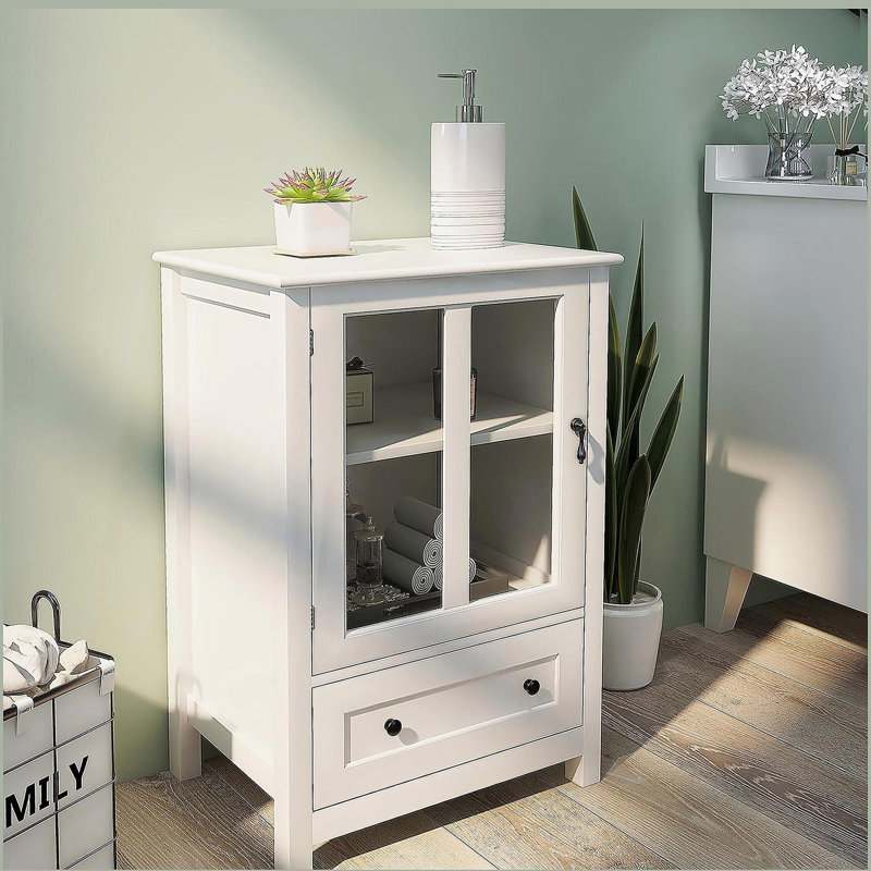 Buffet storage cabinet with single glass doors and unique bell handle