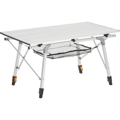 Table de pique-nique extérieure en aluminium argenté avec des qualités de pliage et de hauteur réglable, une couche de maille de 35,4 pouces de large, une croix en acier sans soudure pour un soutien stable, un rangement compact pour le garage
