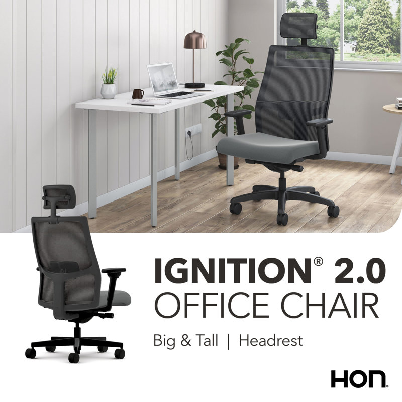Grande et haute chaise de bureau HON Ignition 2.0 avec appui-tête, capacité de poids de 450 lb, structure noire, frêne, Oui