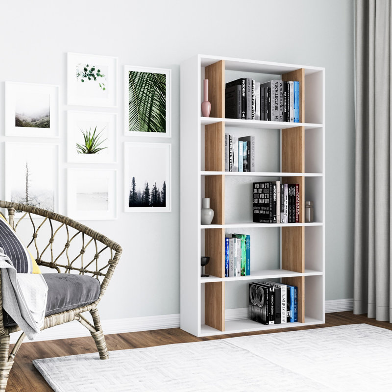 Scandinavian Style Bookshelf, White w/ Oak Color, 35.4 x 9.8 x 64.4 inches | 100% Melamine Coated Particle Board, Thickness: 0.7 inches | Numerous Shelves, Wall-Mountable Design | Perfect for Home or School Use