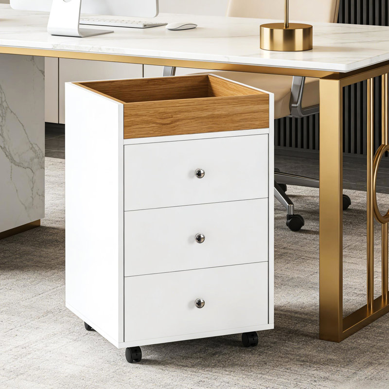 Classeur de bureau avec trois tiroirs et plateau supérieur amovible, conception à roulettes avec freins à quatre roues, panneau de particules revêtu, mobile blanc à deux effets de bois naturel