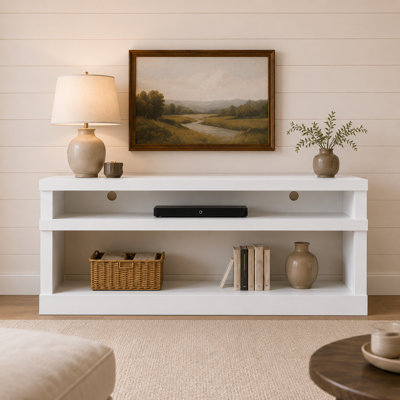 White Fireplace TV Stand with Open Shelving and Mantel