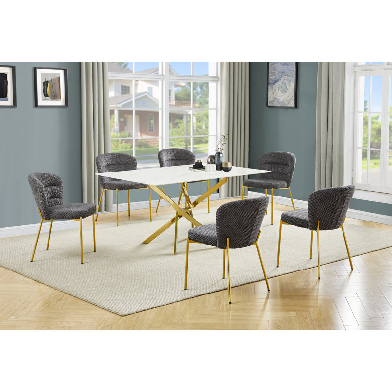 Ensemble de salle à manger rectangulaire en verre avec revêtement en marbre blanc avec chaises moelleuses, Gris foncé