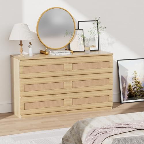 Rattan Dresser for Bedroom with 6 Drawers, 47 in Modern Farmhouse Wide Chest of Drawers, Wood Storage Cabinet Organizer for Closet, Living Room, Hallway