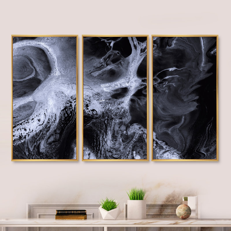 Vagues de marbre noir et blanc - ensemble d'art mural moderne sur toile encadrée 3, H 20 po x l 36 po, Doré