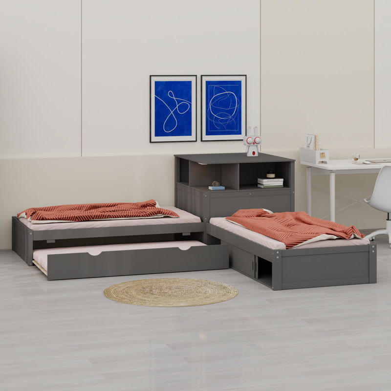 Lit en forme de L peu encombrant avec bureau d'étude et lit gigogne caché, Grey