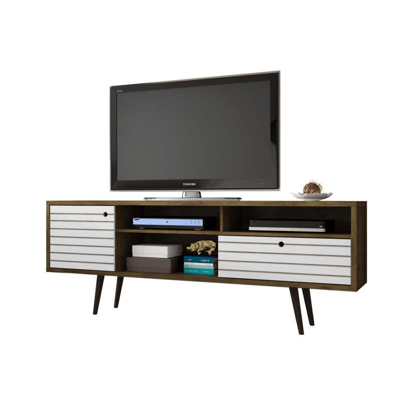 Liberty 71" Mid-Century Modern TV Stand with 4 Shelves and 1 Drawer for TVs up to 65" in Rustic Brown and White