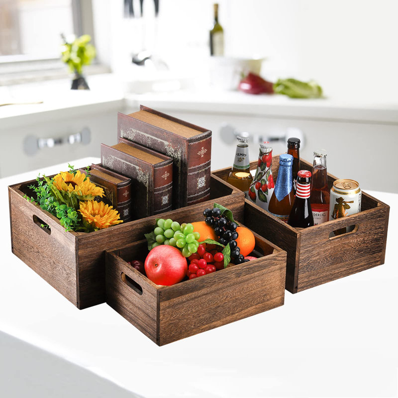 Ensemble de 3 caisses de rangement gigognes en bois avec poignées, panier de rangement en bois massif naturel fait à la main