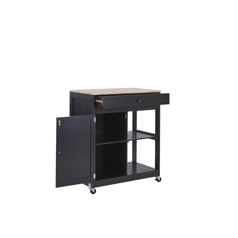 Ambon Solid Wood Top Kitchen Trolley, Black