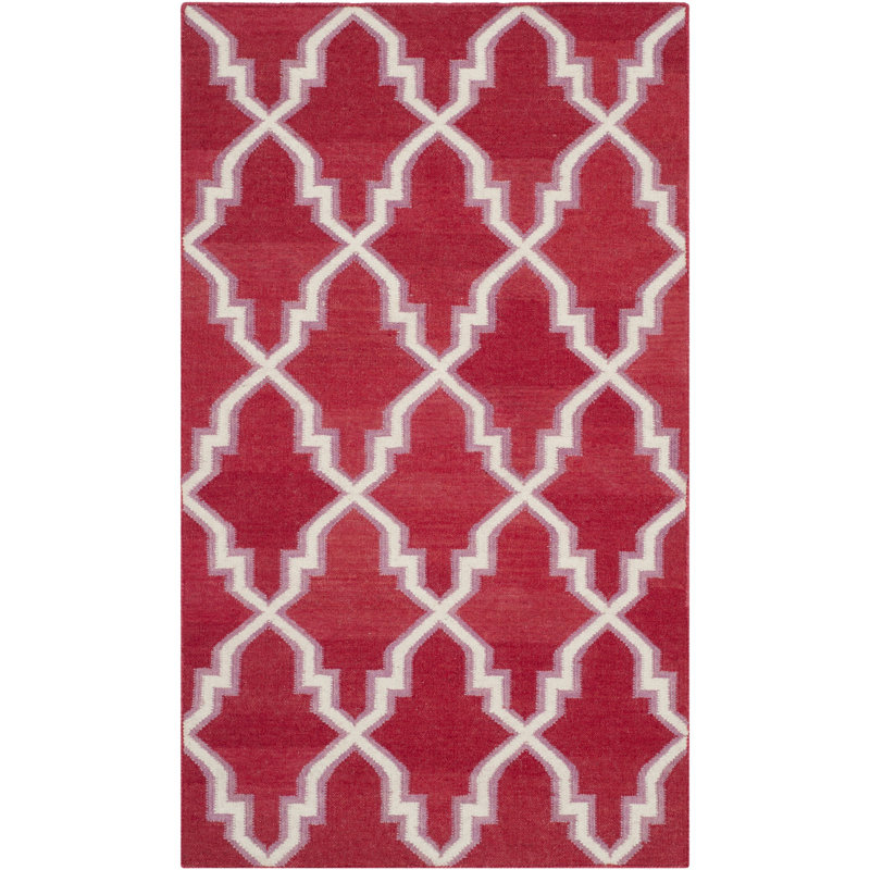 Tapis rouge / ivoire en laine / coton tissé à la main Stahl, Rectangle 3 pi x 5 pi