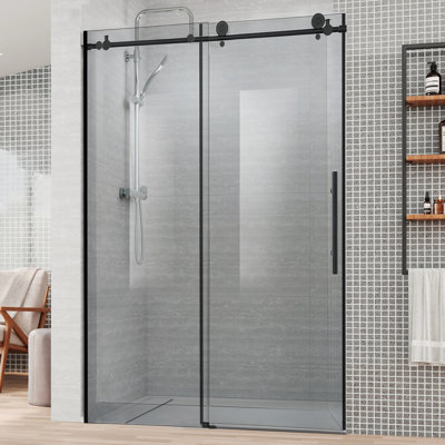 JS 60'' - W x 76'' H Single Sliding Shower Door Frameless Shower Door with 5/16" (8mm) Glass Explosion-Proof Film, Nano Easy-Clean Coating Glass 304 Stainless Steel Hardware