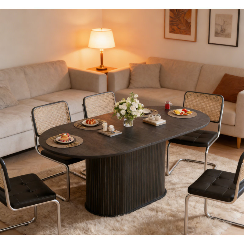 55.11"-70.86" Extendable Dining Table with Striped Legs, Black