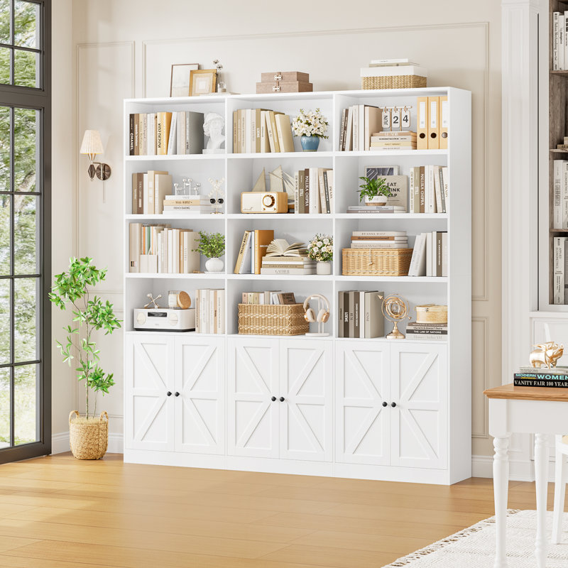 70.9" Wide Bookshelf, Tall Bookcase with 12 Open Shelves and 3 Cabinets, Large Wooden Bookshelves, Snowbound White