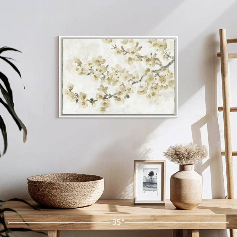 Composition neutre de cerisier en fleurs I, Cadre flottant blanc, 19 po x 13 po