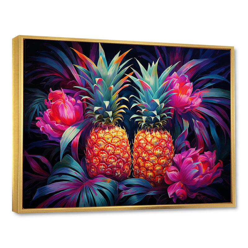 Nectar néon ananas sur toile, Cadre flottant doré, H 16 po x l 32 po x P 1 po