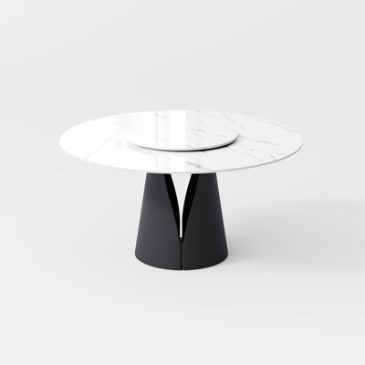 Modern Sintered Stone Round Dining Table for 4-6 with Pedestal Base and Lazy Susan