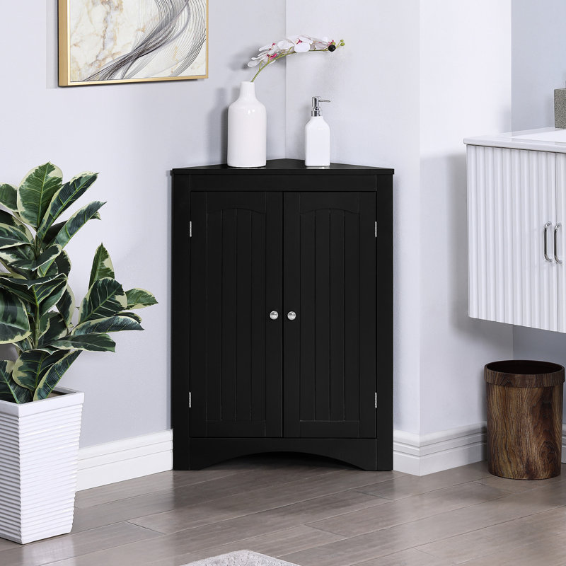 Armoire de rangement noire avec planches de bois réglables pour le rangement de la salle de bain et du salon