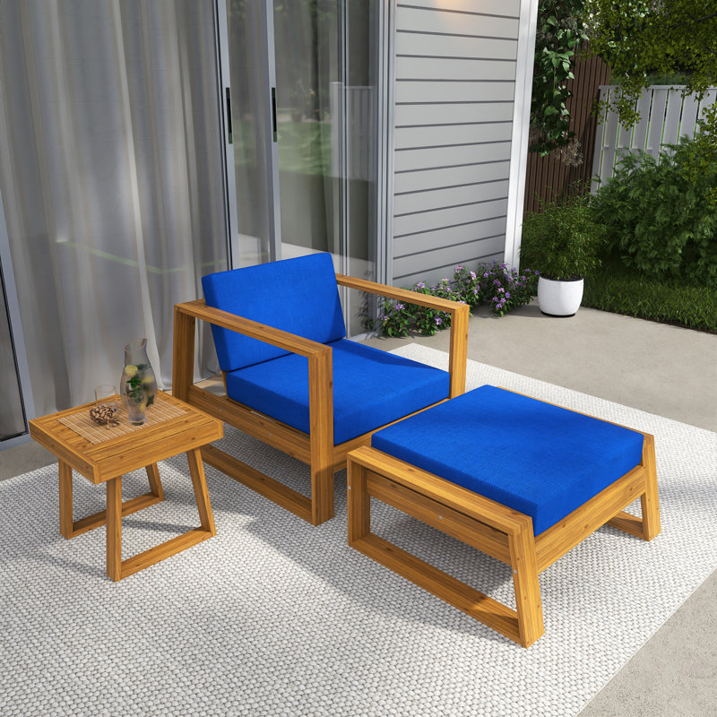 3 Piece Solid Wood Sofa Seating Group With Cushions, Blue