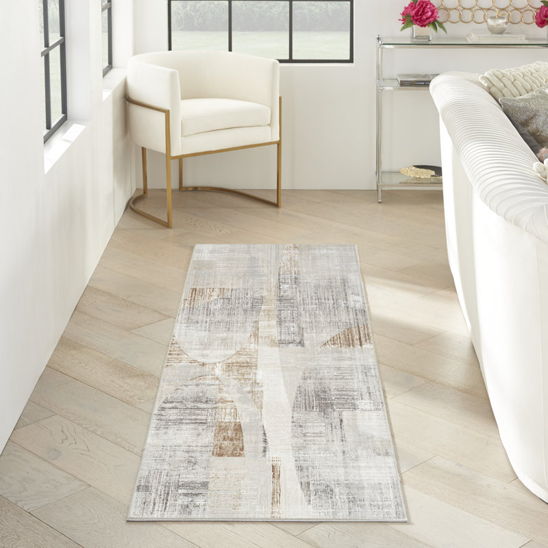 Tapis gris abstrait en polyester tissé à la machine, Tapis de couloir 2 pi 3 po x 7 pi 6 po