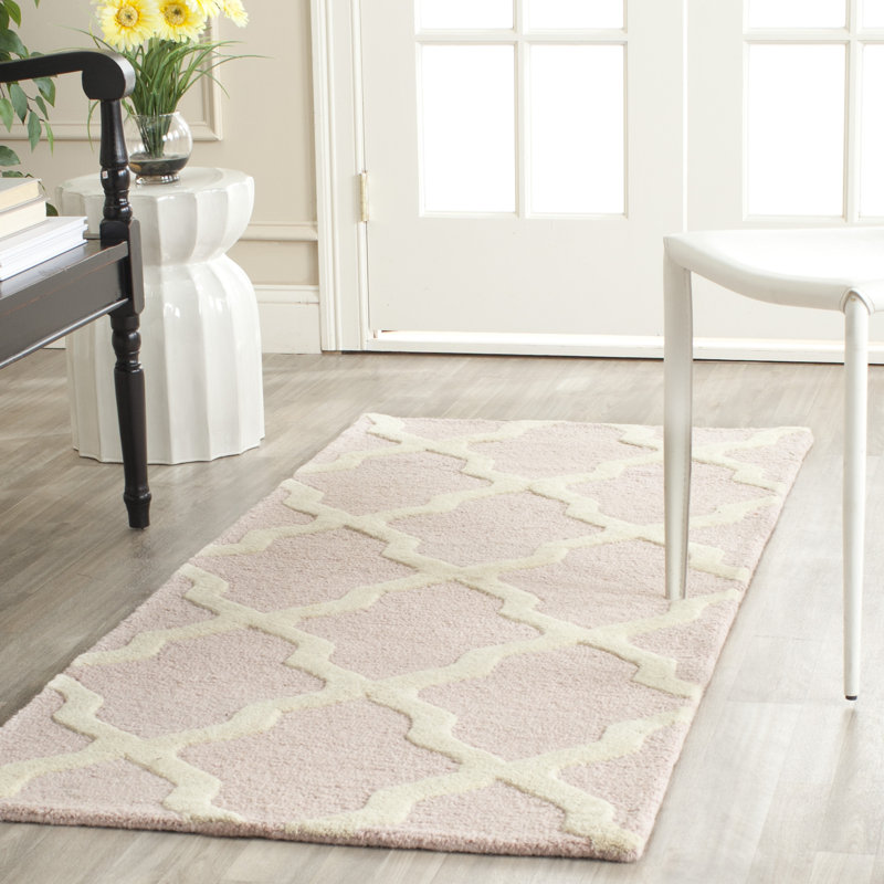 Cannen Hand Tufted Wool Geometric Rug, Runner 2'6" x 8', Ivory/Light Pink