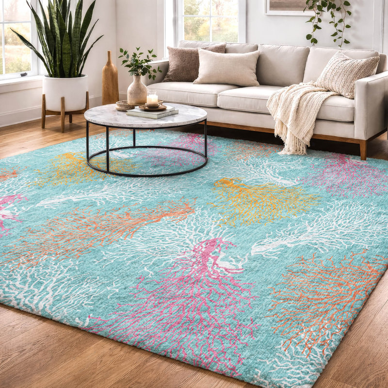 Tapis corail à poils longs de qualité supérieure lavable à la machine ADS182, Turquoise, 3 pi x 5 pi