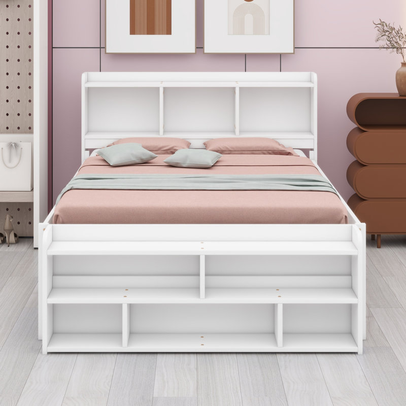 Lit avec tête de lit bibliothèque, tiroirs de rangement sous le lit et étui de rangement, Blanc