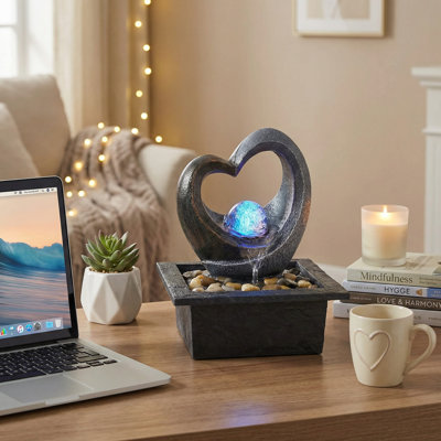 Fontaine de table en forme de cœur à deux tons alimentée par USB avec boule de cristal, décor de bureau moderne gris cuivre