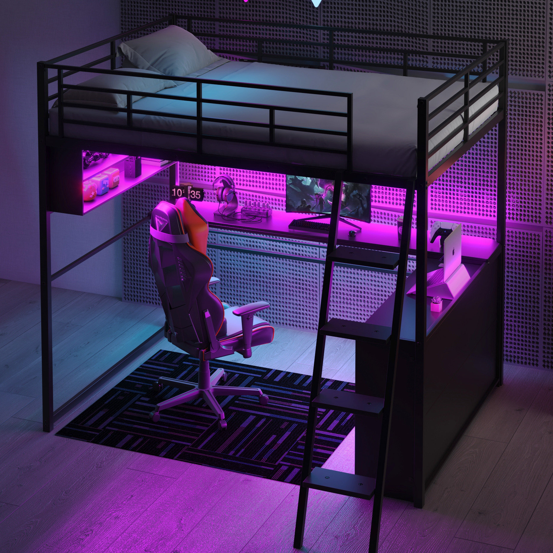 Wrought Studio Metal Twin Loft Bed With Led Desk & Shelves - Black ...