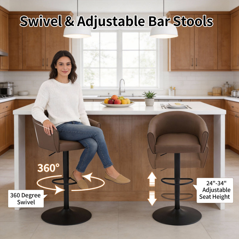 Tabourets de bar pivotants à hauteur réglable avec dossier et accoudoirs (ensemble de 2), Brun, 2