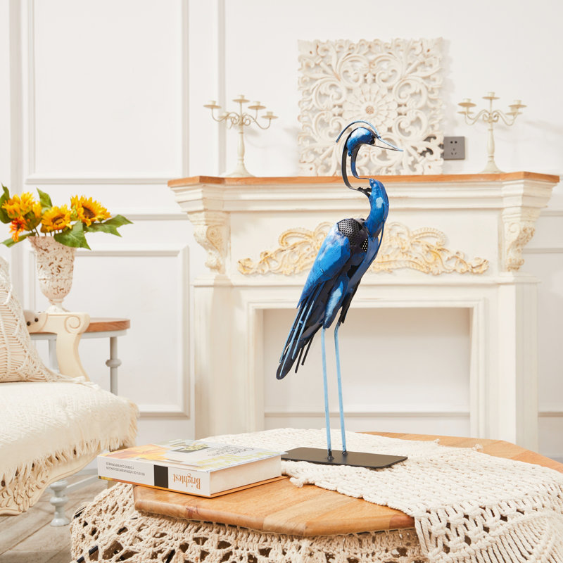 21"H Handmade Metal Heron Statue, 100% Hand-Painted Bird Figurine Décor, Rustic Handicraft Artwork For Bird Lovers, Blue