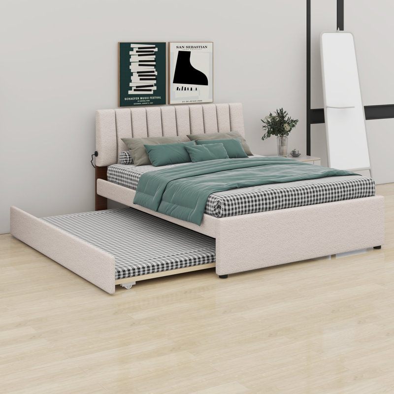 Lit plateforme tapissier avec lit gigogne, Queen, Beige