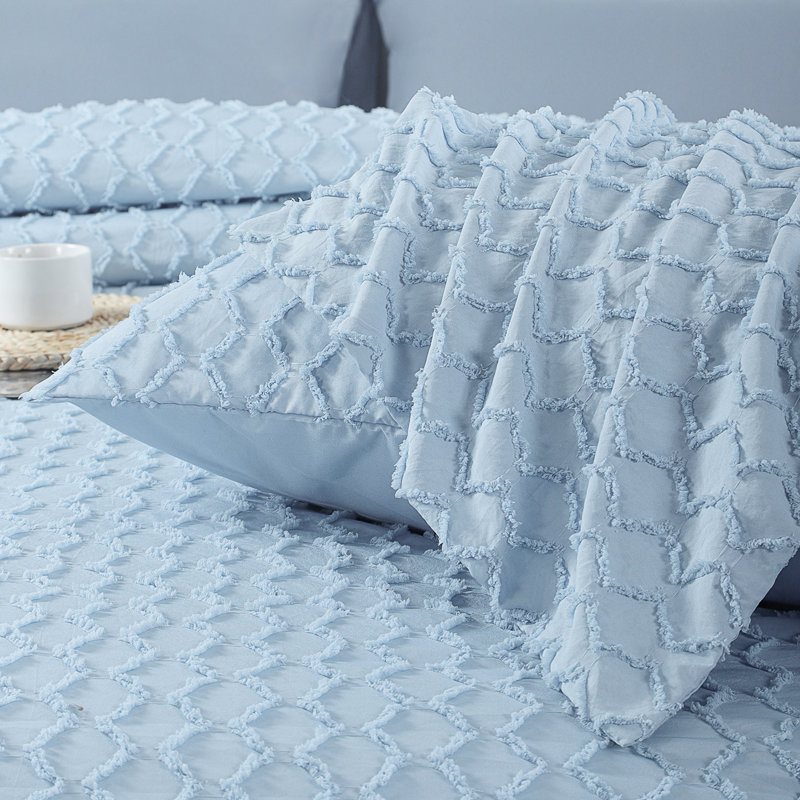 Ensemble d'édredon en jacquard et capitonné Suniya, Édredon pour grand lit + 2 taies décoratives sta, Bleu clair