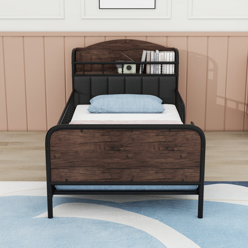 Metal Platform Bed Frame With Light And Storage Headboard, Twin, Black/Brown