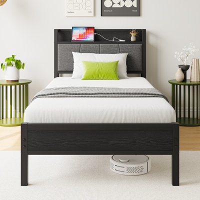 Queen Size Bed Frame with Storage Headboard & Charging Station, Solid, No Box Spring, Easy Assembly