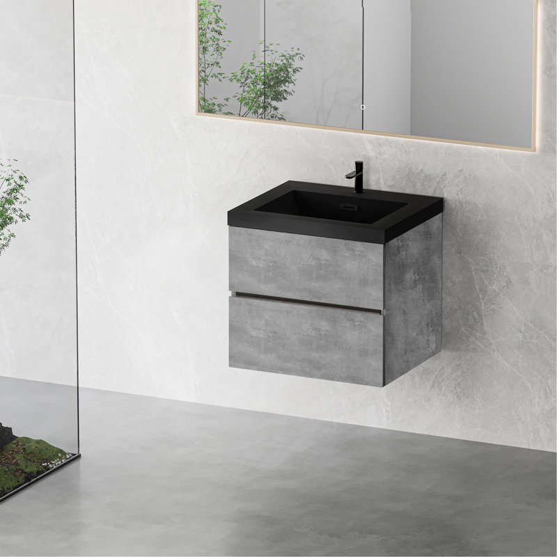 Meuble-lavabo mural 24 po avec lavabo, meuble-lavabo mural moderne avec lavabo à quartz noir et tiroirs à fermeture en douceur, gris ciment série EDI