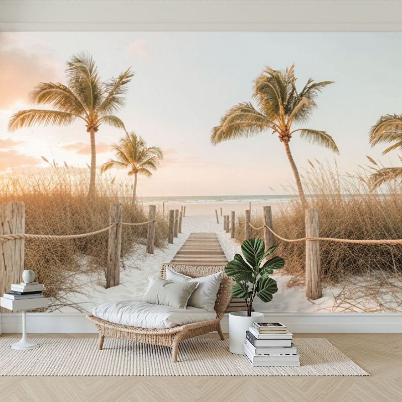 Papier peint adhésif auto-adhésif moderne l 96 po x H 69 po Pez and Stick pour chambre à coucher Tropical Beach Pathway Palm Trees Ocean View