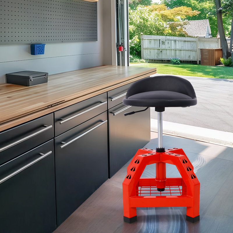 Tabouret pneumatique avec roulettes, siège de mécanisme de roulement réglable avec grille métallique, Rouge