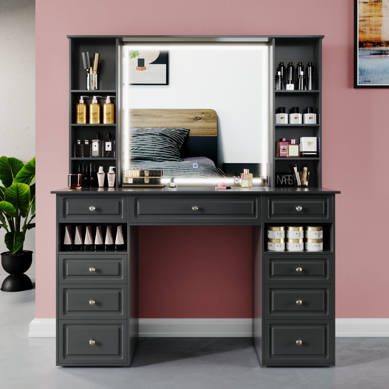 Modern Black Vanity Set with Lighted Mirror & 9 Drawers