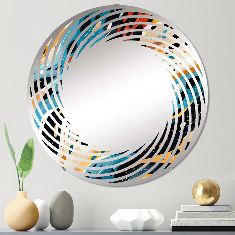 Rétro Futurisme en vagues orange et bleues I - Miroir mural en spirale | Rond, 23,6 po x 23,6 po