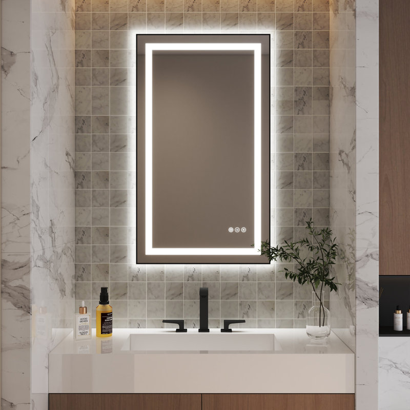 Miroir de salle de bain à DEL avec antibuée, façade à intensité variable, rétroéclairage, cadre en aluminium antirouille, verre HD